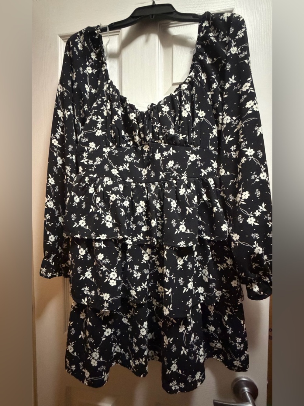 Inspired Hearts Black and White Floral Tiered Long-Sleeve Dress